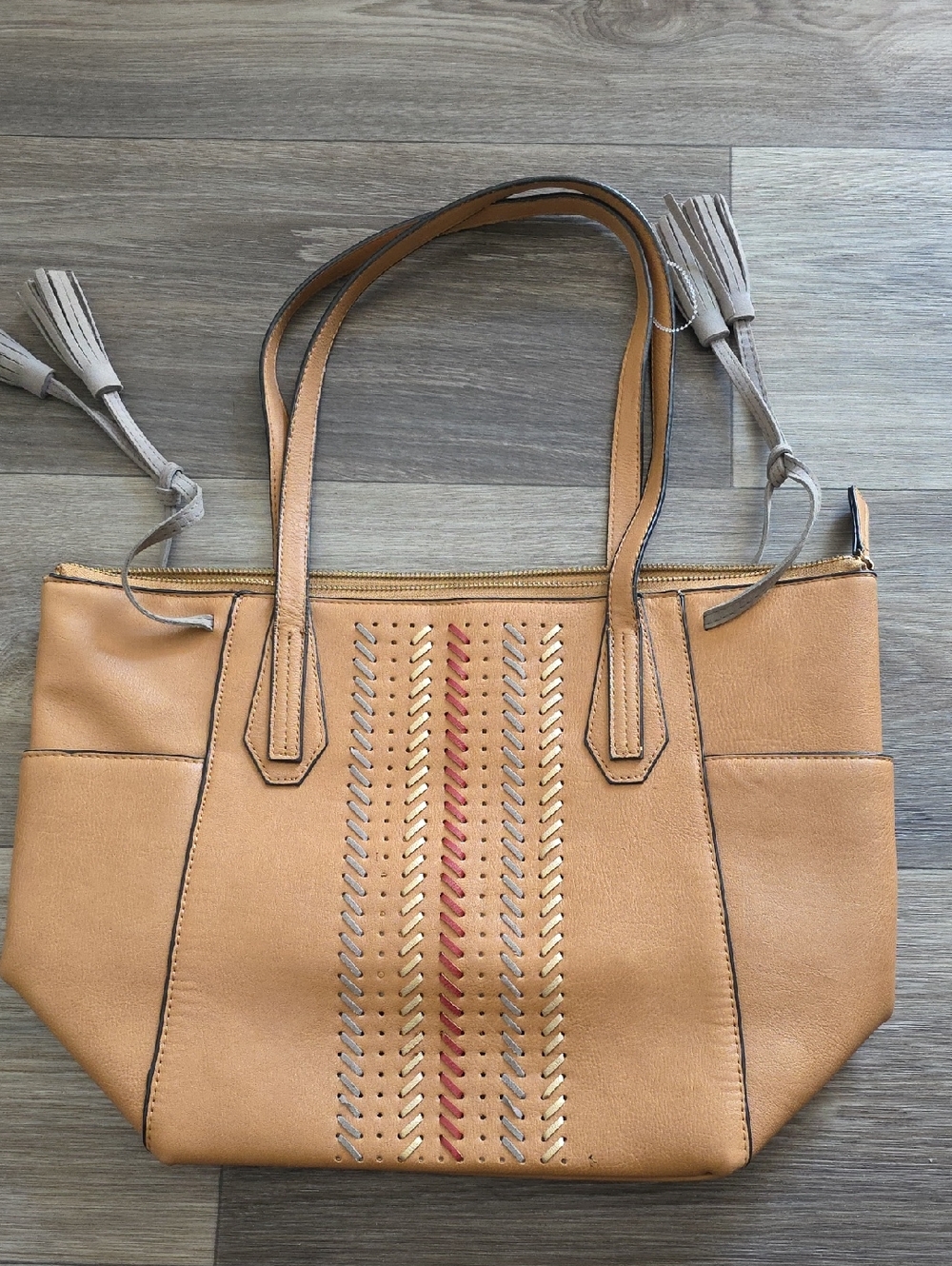 Kate Landry Tan Tote with Braided Accent and Tassels